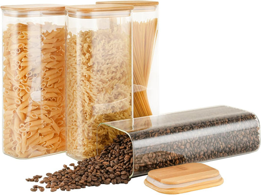 71oz Rectangle Airtight Glass Storage Containers with Bamboo Lids (Set of 4), Square Food Storage Jar, Pantry Organizers for Sugar, Flour, Spaghetti and Coffee beans (‎with Black Lable)
