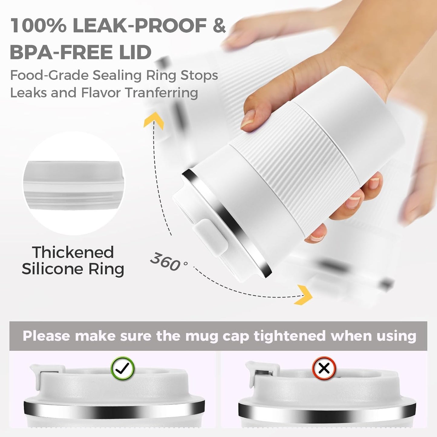 Volhoply 13 oz Stainless Steel Insulated Travel Coffee Mug with Fip Lid Bulk 2 Pack,Reusable Double Wall Vacuum Metal Coffee Cup,Portable Leak Proof Thermal Tumbler for Hot & Cold Drinks(White,2)