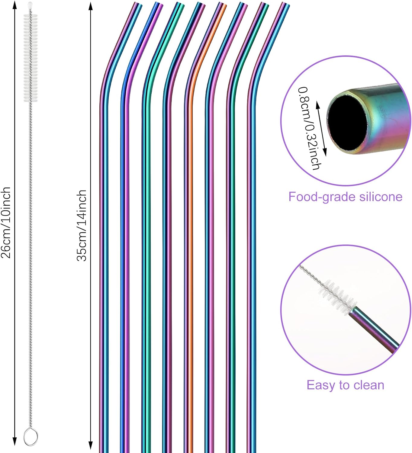 Geiserailie 8 Pieces 14 Inch Stainless Steel Straws Long Drinking Straws for 100 oz Tumblers, Extra with 4 Pieces Cleaning Brush(Rainbow)