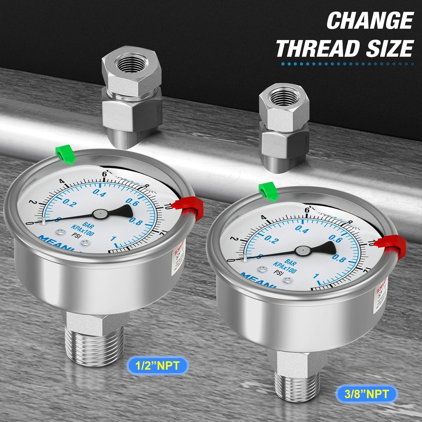 MEANLIN MEASURE 0~15Psi Stainless Steel Liquid Filled Pressure Gauge 2.5" FACE DIAL 1/4" NPT for Water Oil Air Well Pump Tank Tire Pressure Test Back Mount with Stainless Steel Hex Bushing and Snaps