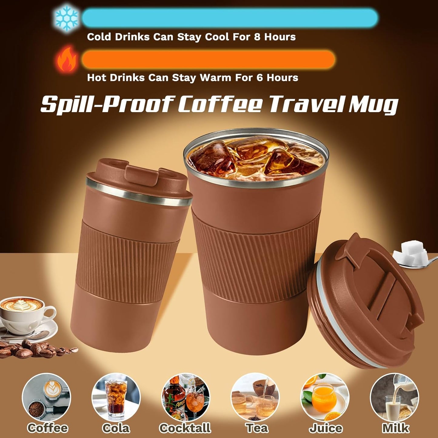 Vacuum-Insulated Stainless Steel Travel Coffee Mug, Leak-Proof Reusable Coffee Cup with Lid - Keep Hot & Cold Drinks for Hours, Durable Thermos Tumbler for Men & Women (3rd-Light Coffee, 17OZ)