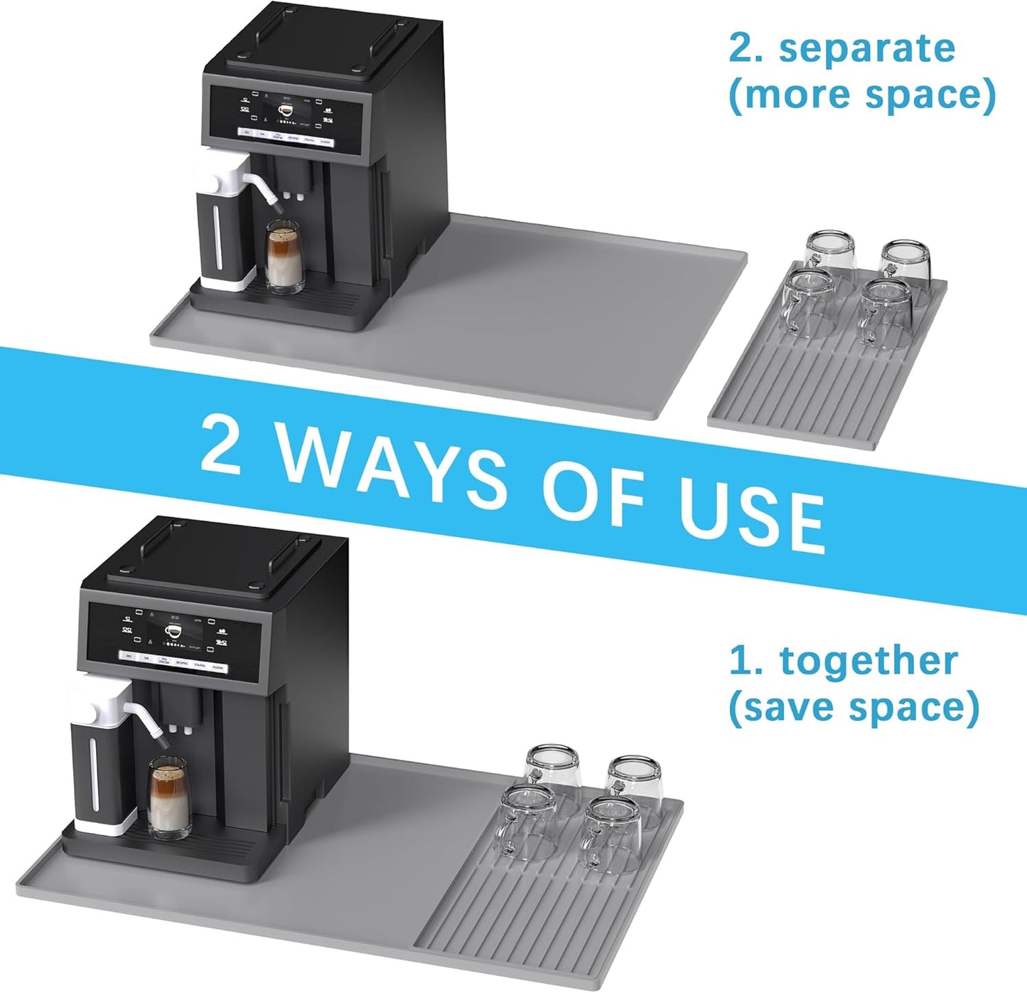 Golener Silicone Coffee Mat Set - 24" x 16" Coffee Bar Mat for Countertop, Kitchen Station Pad Accessories Fit Under Coffee Maker or Machine, Dish Drying Mat, Heat Resistant Kitchen Gadget, Grey