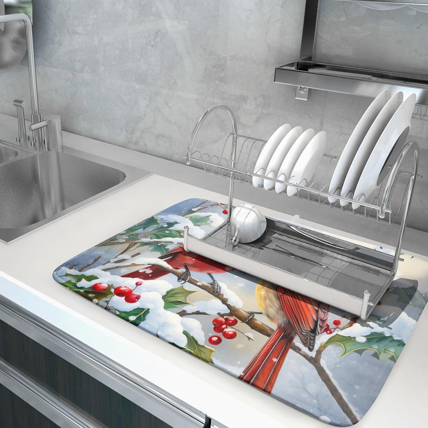 Winter Cardinal Birds Dish Drying Mat, Holly Berry Branches Dish Drying Mat for Kitchen Counter, Red Birds Absorbent Fast Dry Dish Drainer Mat Protector Xmas Microfiber Dish Drying Pad 16x18 Inch