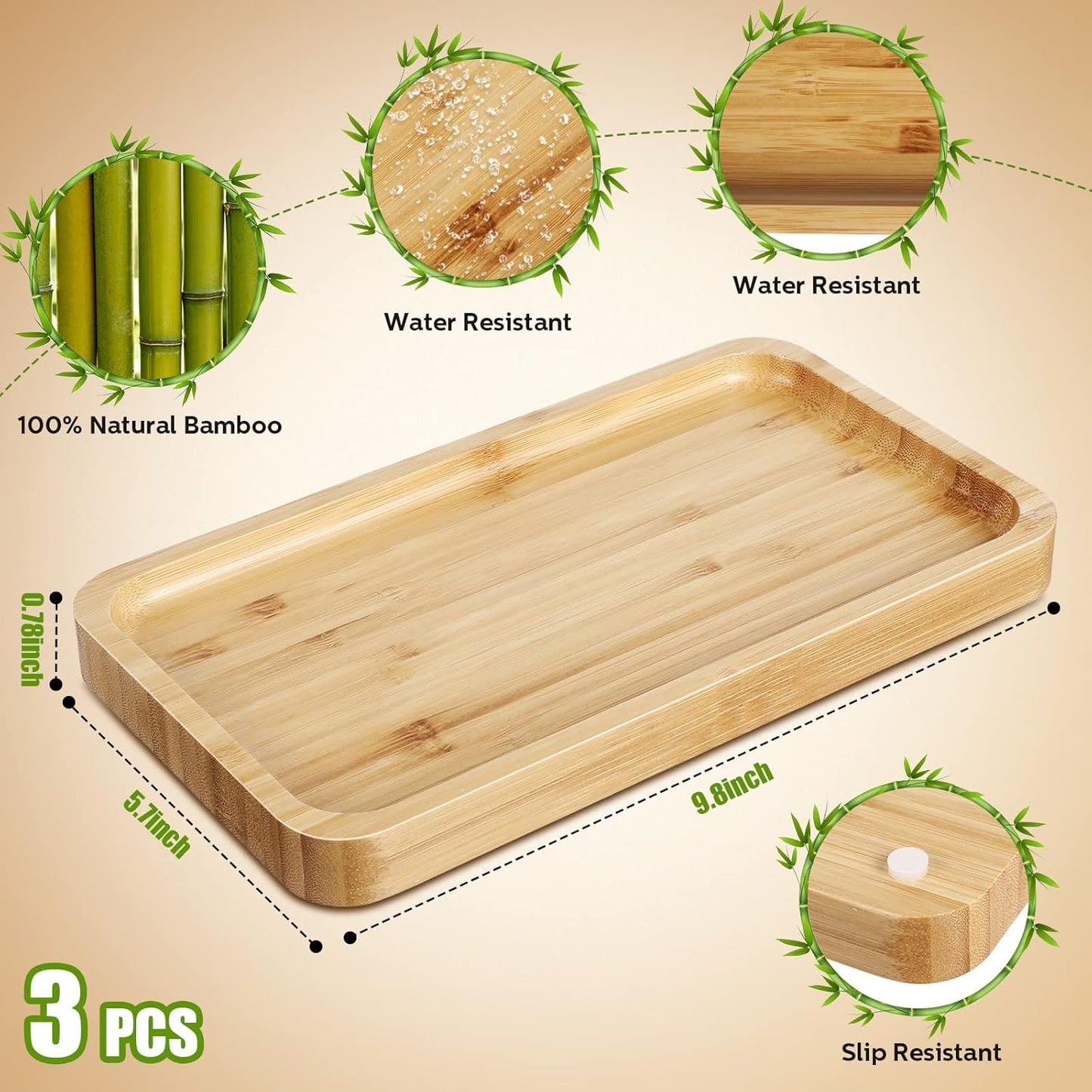 3 Pcs Bamboo Tray for Bathroom Bamboo Vanity Bathroom Counter Organizer Decorative Tea Serving Tray for Dresser Coffee Table Home Decor Toilet Tank Candle Perfume, 9.8 x 5.7 x 0.78 Inch