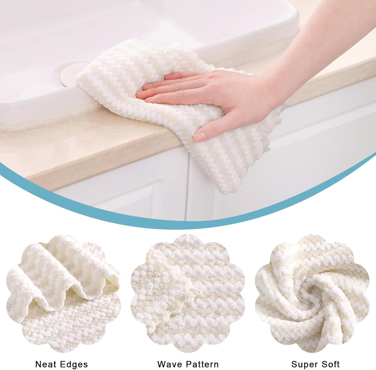 Homaxy Kitchen Towels(24 Pack, 10 x 20 inches), Ultra Soft and Absorbent Dish Towels, Reusable Fast Drying Microfiber Cleaning Cloth, Coral Velvet Wave Design No-lint, Beige