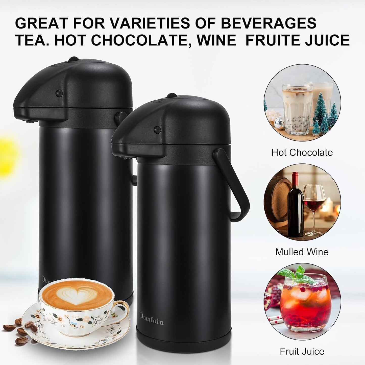 Updated Airpot Coffee Dispenser with Pump, 85 OZ Insulated Thermal Coffee Carafe for Keeping Hot - Cold Water, Party Chocolate Drinks & Stainless Steel Thermos Urn Large Thermal Hot Drink (Black)