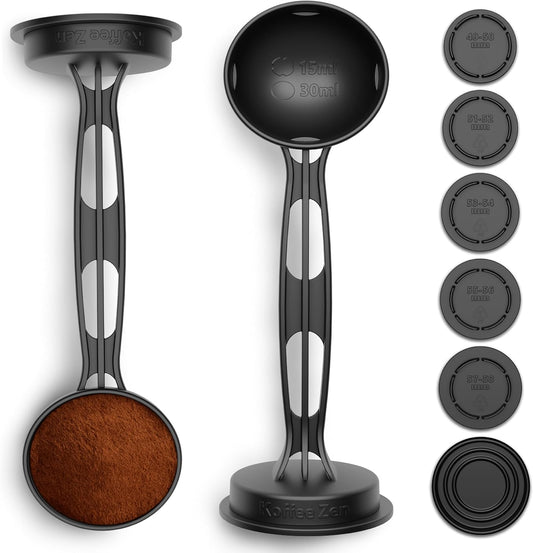 Koffee Zen Espresso Tamper Set, 5 Interchangeable Sizes (49–58mm), Dual Coffee Scoop (1 & 2 TBSP), Fits Select Breville, De’Longhi & More Models