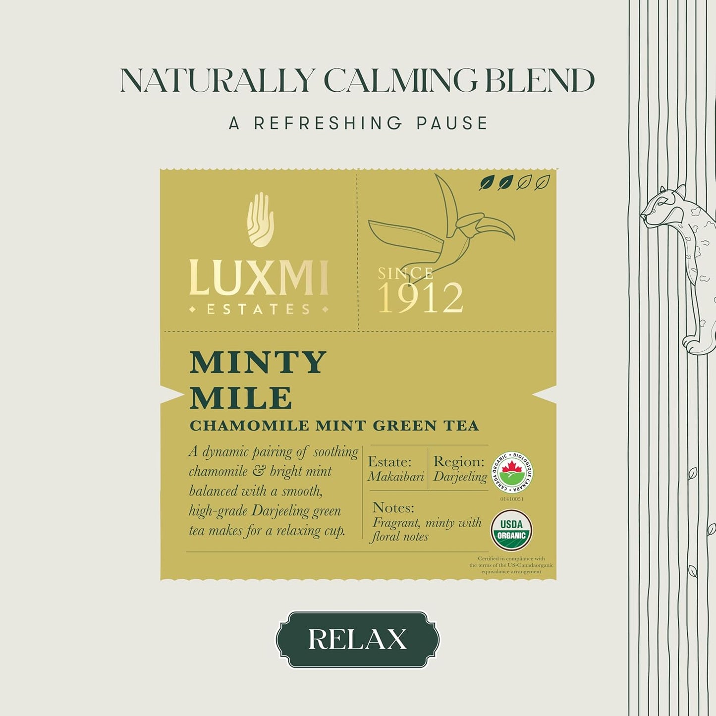 Luxmi Estates Minty Mile Organic Chamomile Mint Green Tea (25 Tea Bags) Low Caffeine Tea Bags For Relaxing, Calming, and Stress Relief, With Certified Organic Darjeeling Makaibari Green Tea