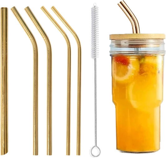Gold stainless steel Reusable Straws-8.5" Set for smoothies, Juices &Coffee - 6-pack with Cleaning brush - Eco-Freiendly, Durable & Elegant Design