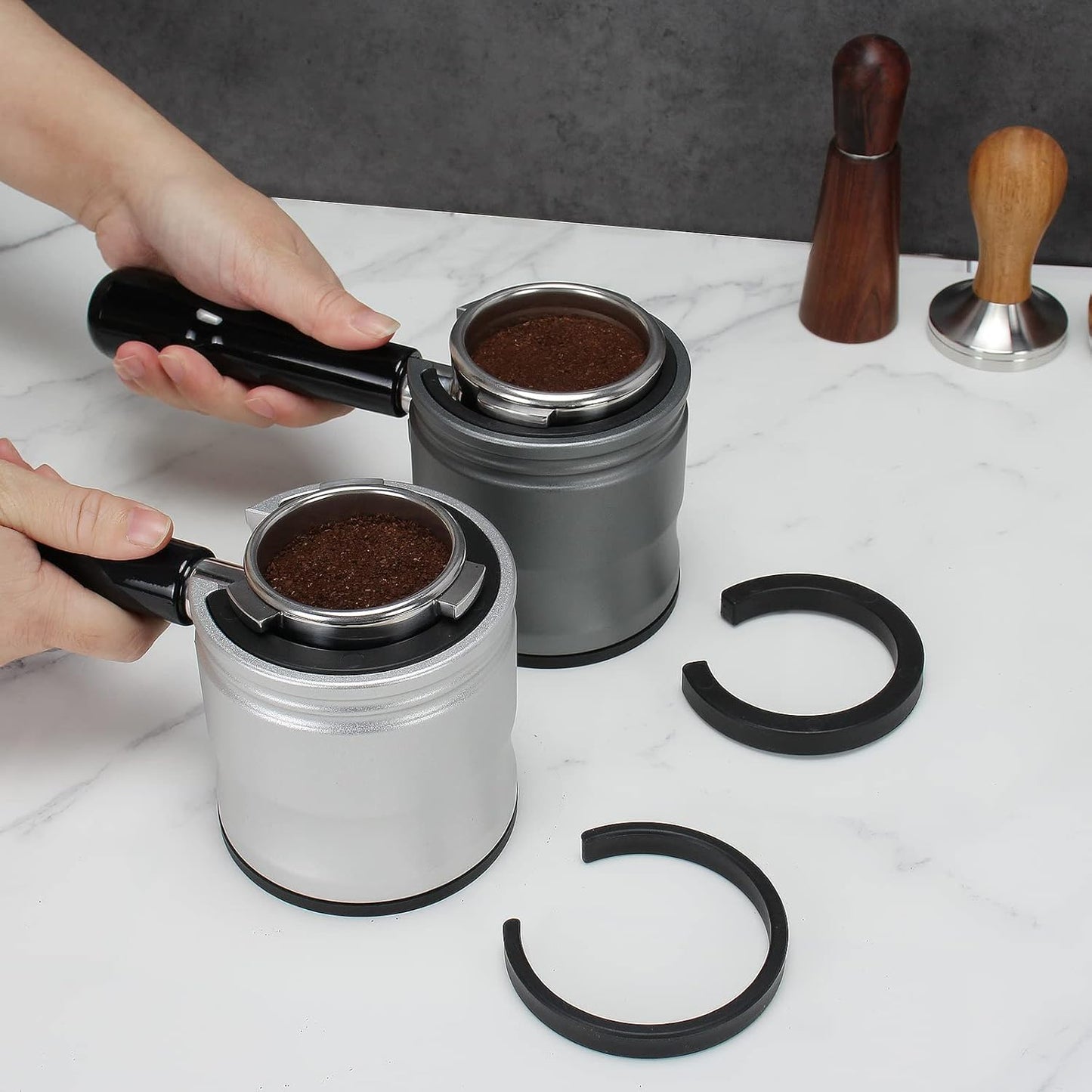 DIBTSA Espresso Tamping Station, Coffee Portafilter Holder, Aluminum Alloy Stand Fit for Most 51mm, 53mm, 54mm and 58mm Portafilter (Round,Silver)