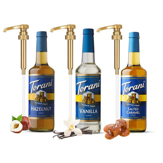 Coffee and Tea Syrup Variety Pack - Sugar Free Vanilla, Salted Caramel & Hazelnut Syrups for Coffee with 3 Jimoco Syrup Pump Dispenser Compatible with 25.4 Ounces