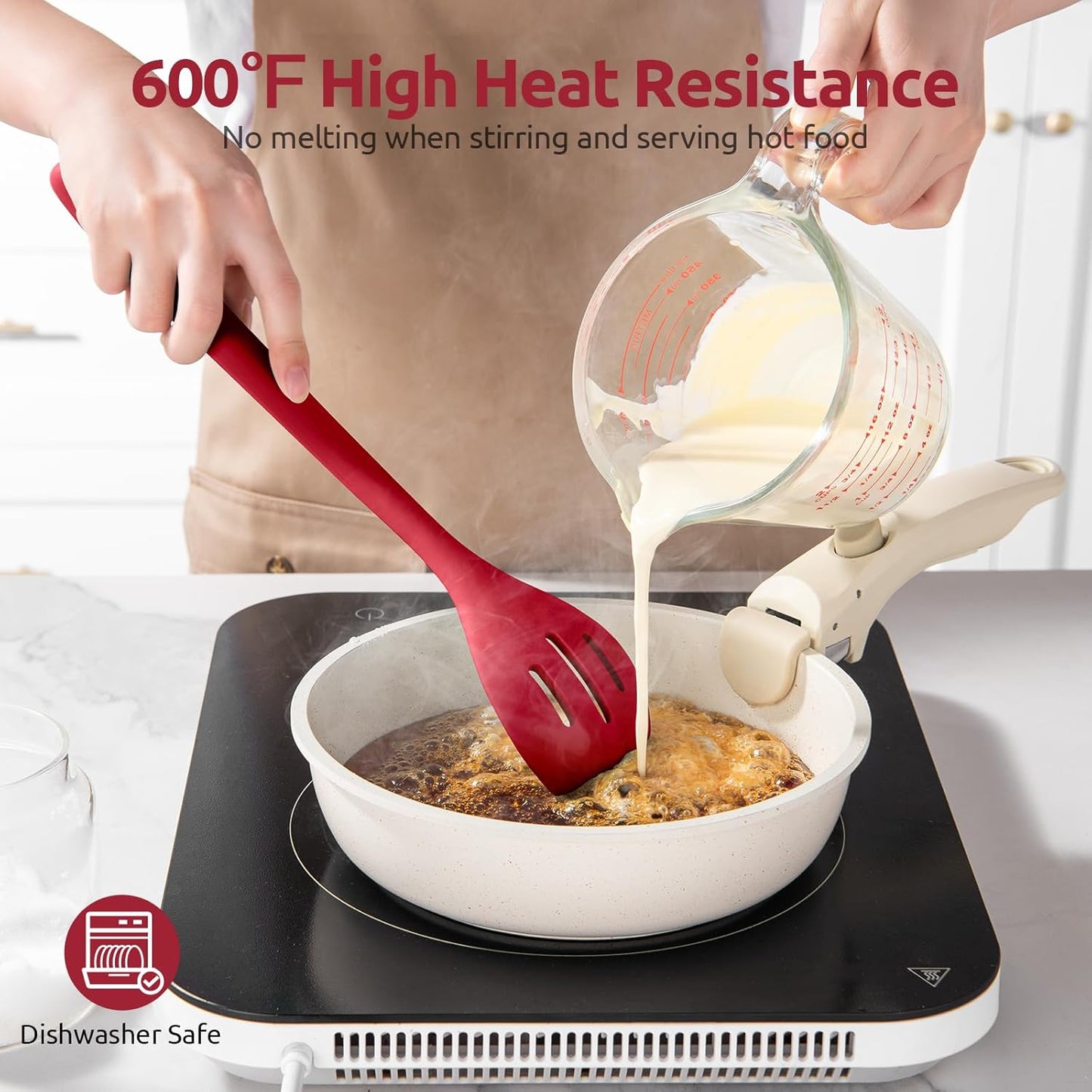 600ºF Heat Resistant Silicone Spoons: U-Taste 13.3in Solid & Slotted Kitchen Cooking Spoon, Nonstick Long Rubber Utensil, Sturdy for Mixing, Serving, Stirring, Frying, Draining (Red, 2PCS)