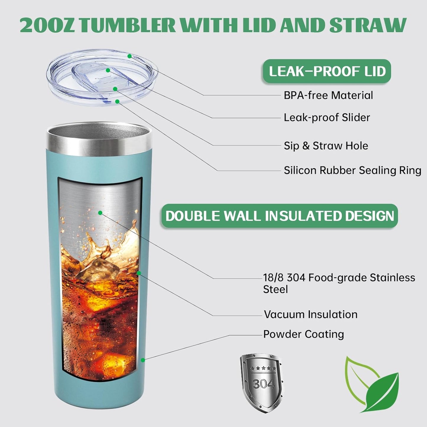 20 oz Skinny Tumbler with Lid and Straw,Stainless Steel Vacuum Insulated Tumbler Cup Double Wall Leak-proof Coffee Mug,Travel Thermal Water Tumbler for Home,Office,Outdoor (Glacier blue,8)