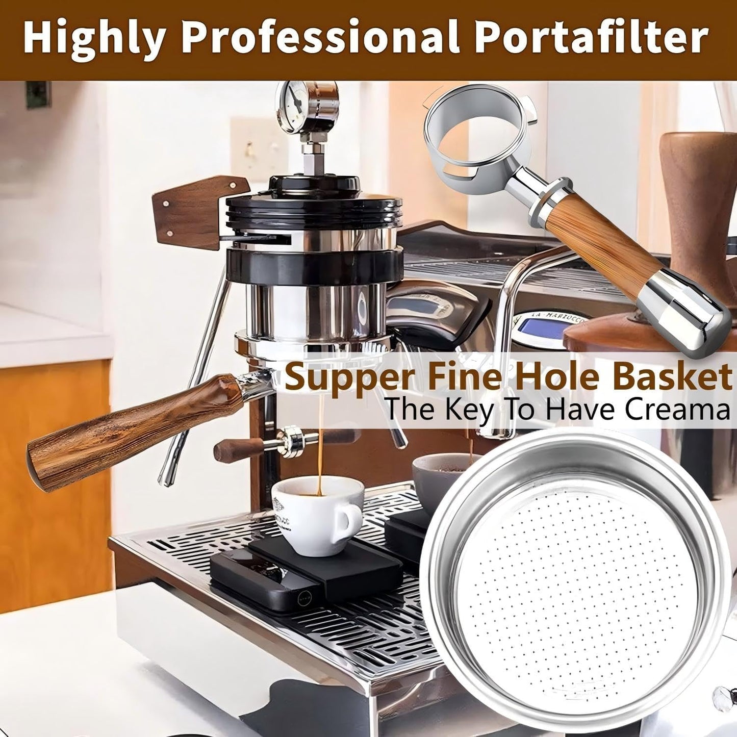 54mm Coffee Bottomless Portafilter, Compatible with Breville Barista Bes 870/878/880/876/840/810/500/450 Replacement Parts Bottomless Portafilter(Walnut)