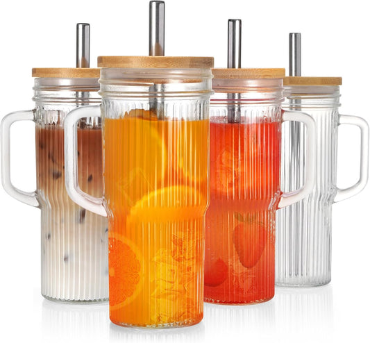 24Oz Ribbed Glass Tumblers with Lids and Straws, Glass Tumbler with Handle, Vintage Glass Cups Thick Drinking Glasses Set of 4, Ideal for Iced Coffee, Smoothies, Cocktails, Tea and Juices