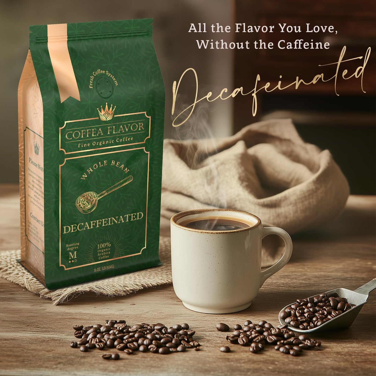 Coffea Flavor Fine Organic coffee -Decaf Whole Bean Coffee | Medium Roast | 100% Arabica Beans | Perfect for Espresso | USDA Certified Organic | Fair Trade | Grown and Roast in the Caribbean |16 Oz