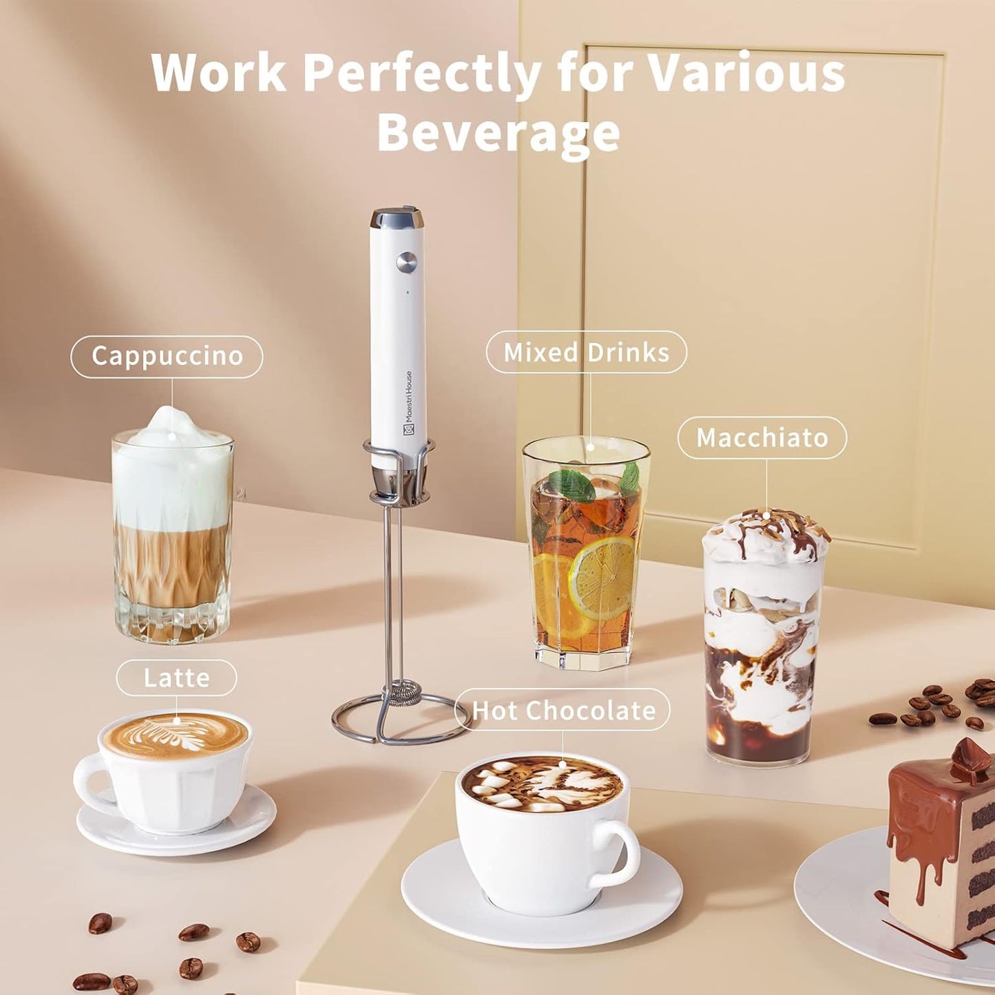 Maestri House Rechargeable Milk Frother with 3 Heads, LunaFro AS Handheld Electric Foam Maker Waterproof Detachable Stainless Steel Whisk Drink Mixer Foamer with Stand for Lattes, Cappuccino, Egg
