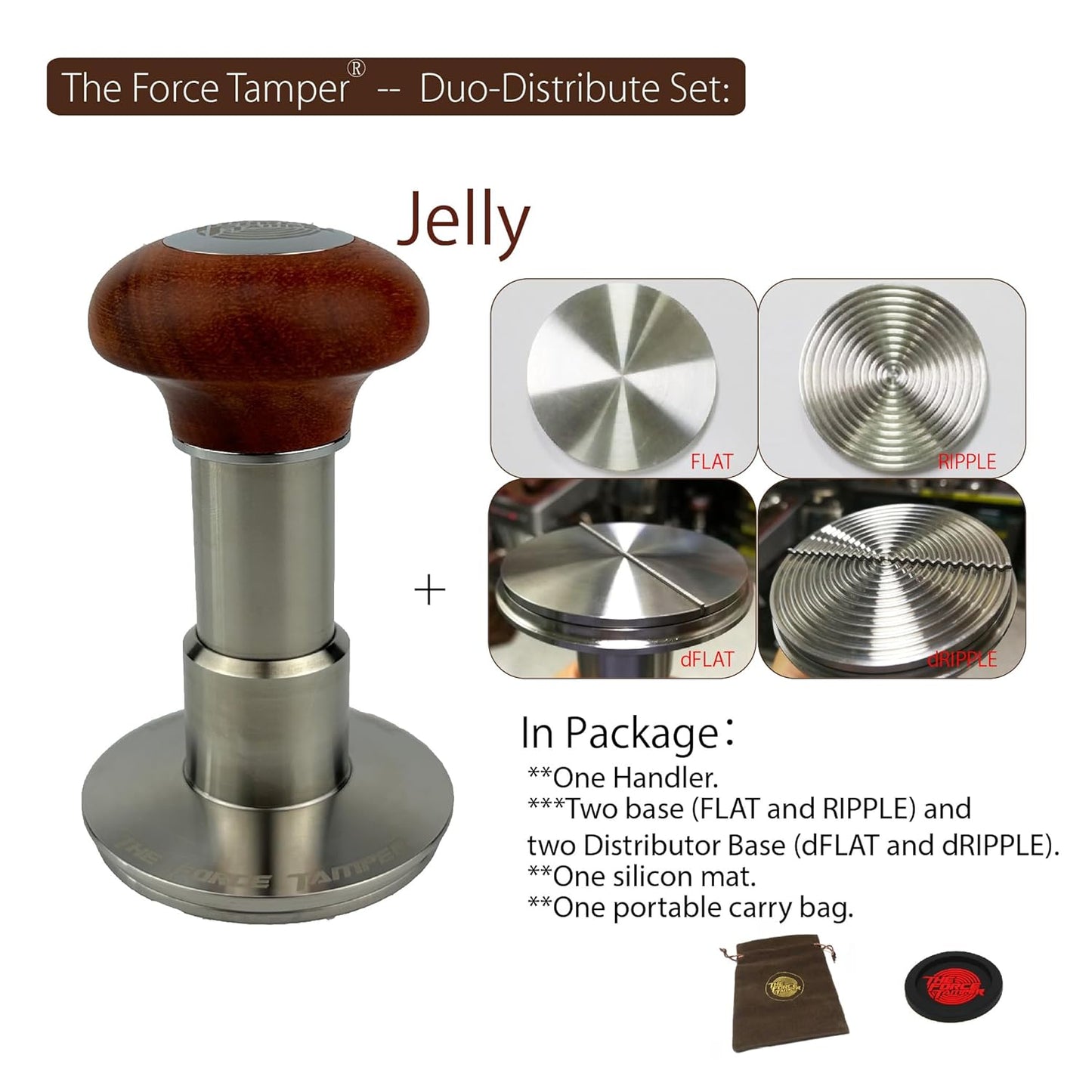 The Force Tamper Automatic Impact Adjustable Constant Pressure and Autoleveling Coffee Tamper Reddish Brown Jellyfish Wooden Handle Set Pro (Duo-Distribute Set, 53.00mm)