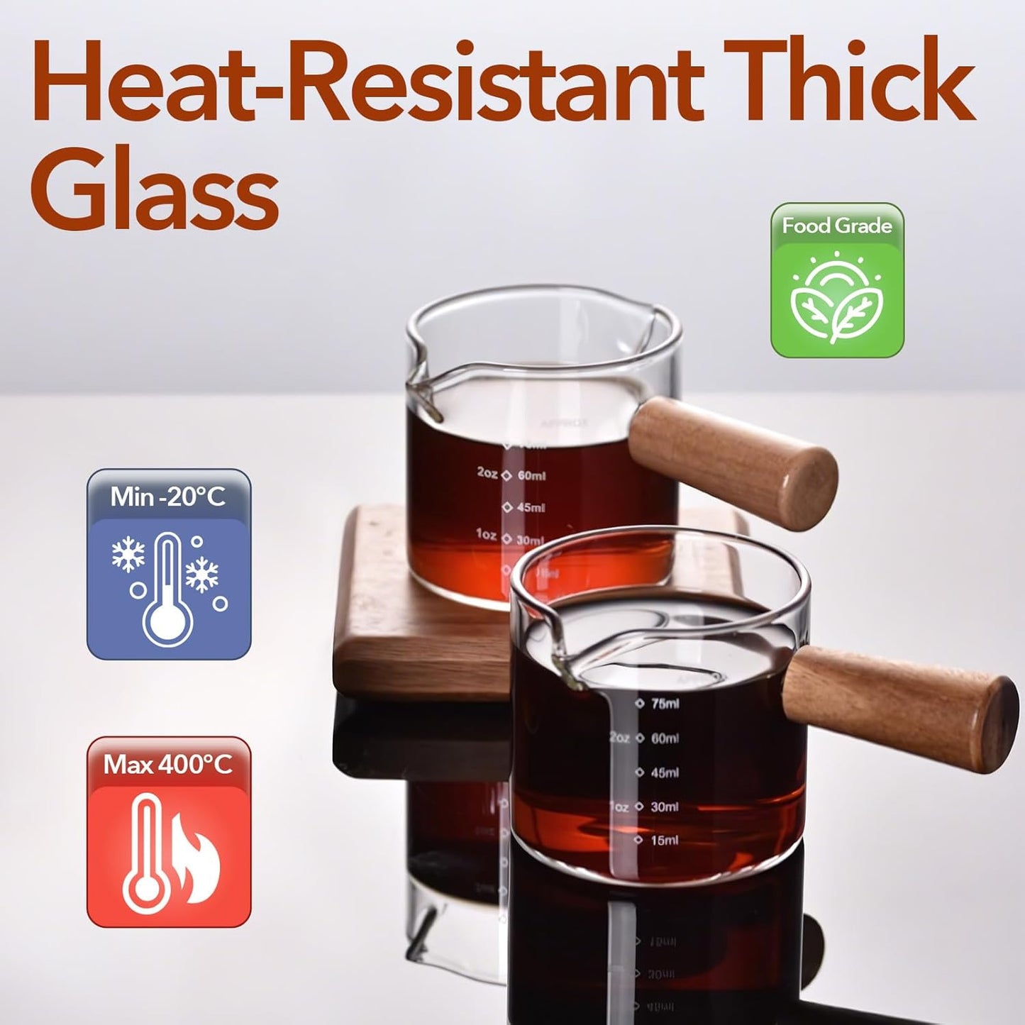 YARRAMATE 3oz Espresso Shots Cup with Wood Handle (2 Pack), Clear Glass Espresso Machine Accessories, Espresso Measuring Cup with Dual Scale, Espresso Shot Glass with Single Spout