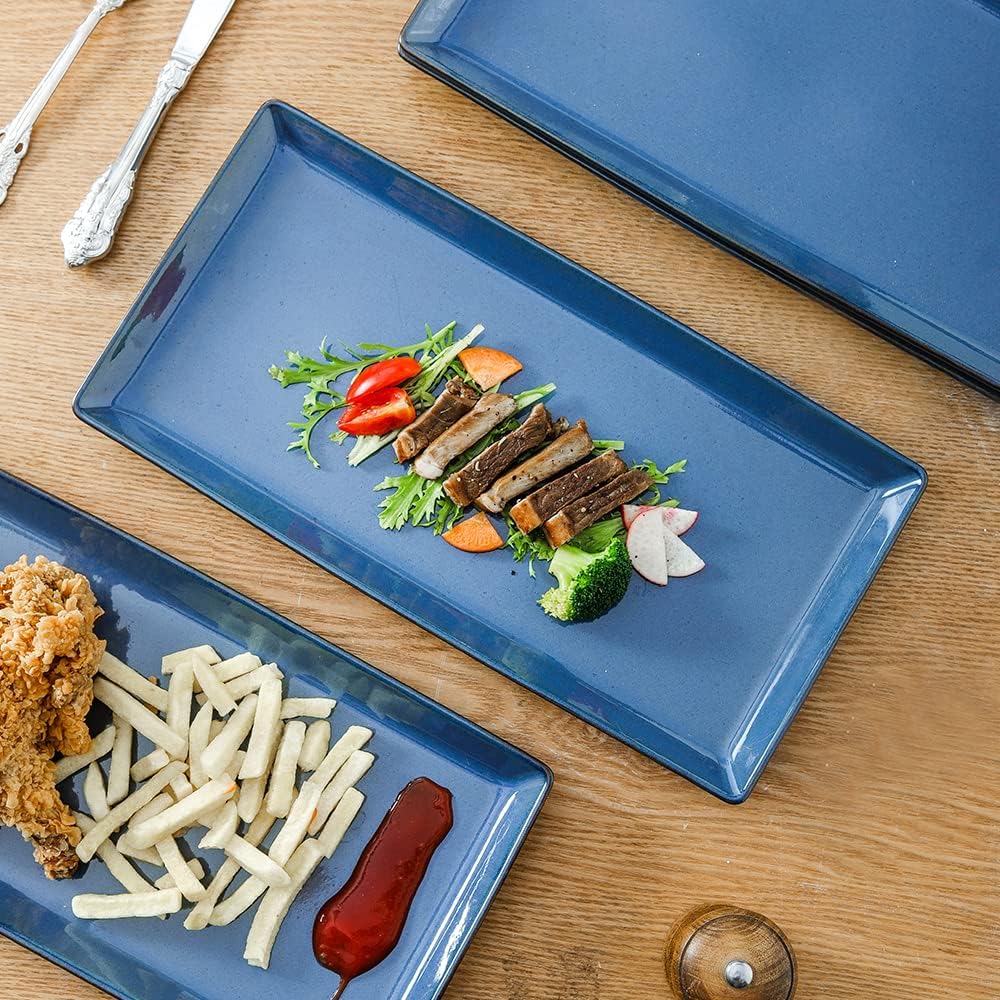 KOOV Ceramic Serving Tray, 14 Inches Large Serving Platter, Rectangular Serving Tray, Porcelain Serving Plates, Ceramic Serving Dishes for Dinner, Party, Sushi, Dessert, Food, Set of 4 (Stone Blue)