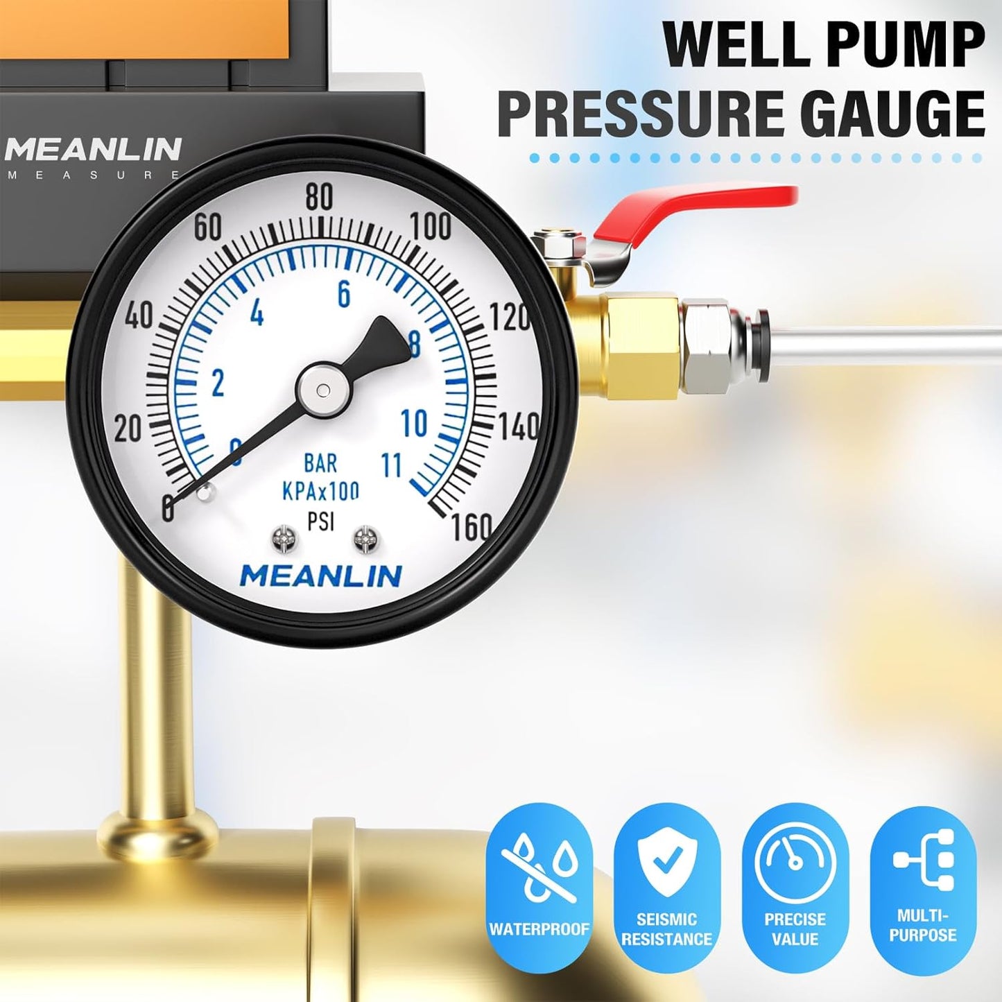MEANLIN MEASURE 0-160Psi 2" DIAL FACE 1/8" NPT Well Pump Pressure Gauge, with 1/4" NPT and 3/8" NPT Hex Bushing, 3-2-3% Accuracy, Center Back Mount