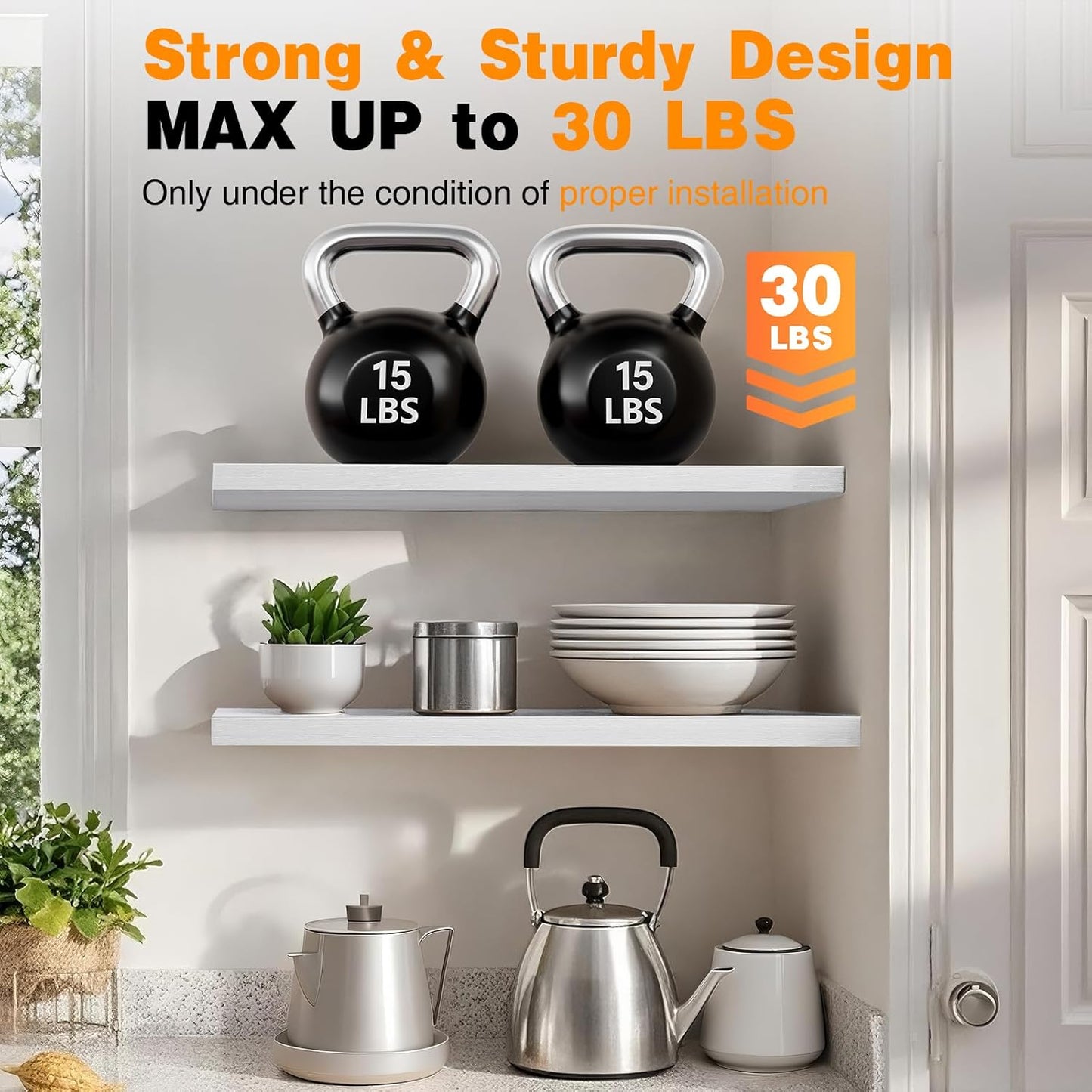 BAYKA Floating Shelves, 48" Wall Mounted Rustic Wood Shelves for Bathroom, Bedroom, Living Room, Kitchen, Office, Hanging Shelf for Books/Storage/Decor(White,Set of 2)