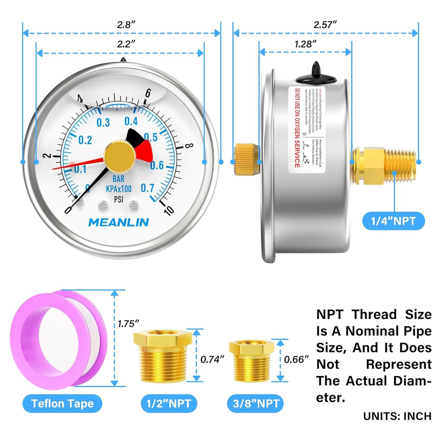 MEANLIN MEASURE 0~10Psi Stainless Steel 1/4" NPT 2.5" FACE DIAL with Reset Pointer Liquid Filled Pressure Gauge WOG Water Oil Air, Back Mount, with Brass Hex Bushing