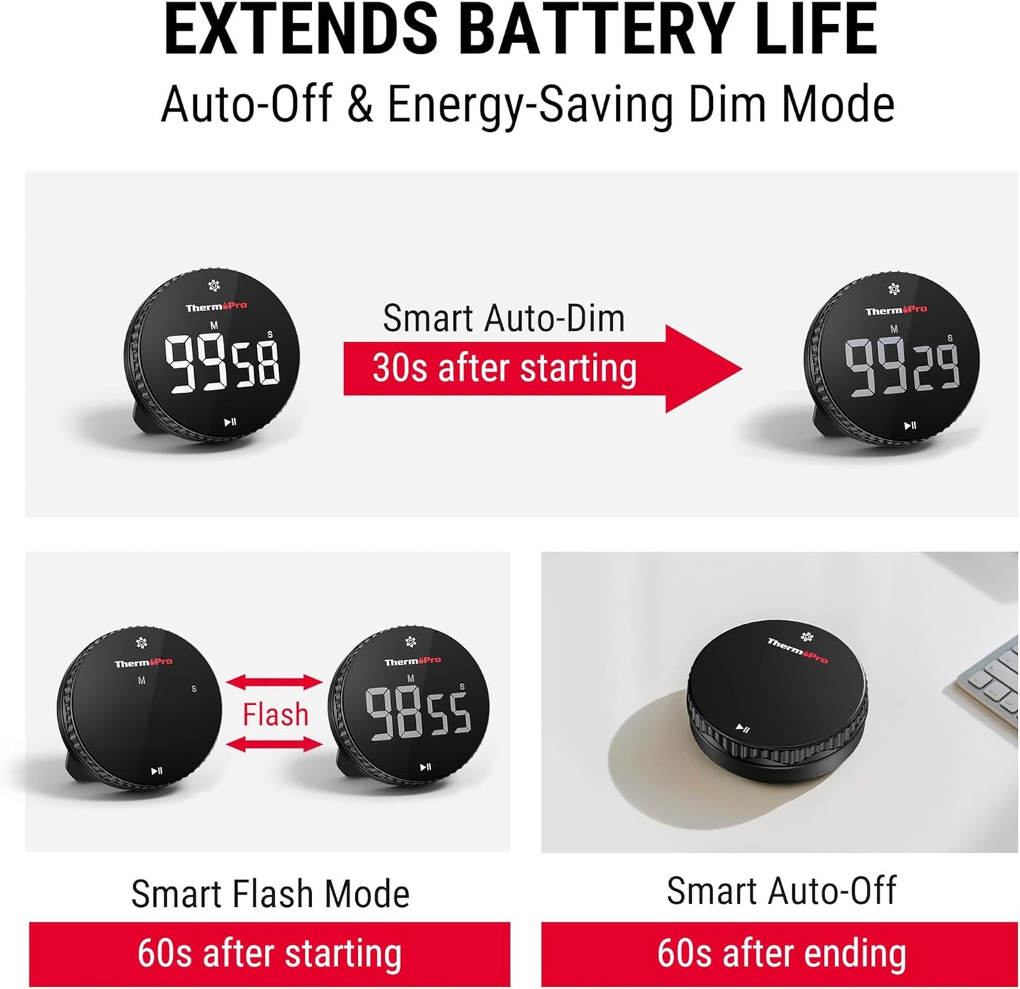 ThermoPro 99-Hour Digital Kitchen Timer with Strong Magnetic & Stable Stand, Classroom Timers with 3-Volume-Level, Stopwatch with Large LED Display, Digital Timers for Classroom, Office & Gym(Black)