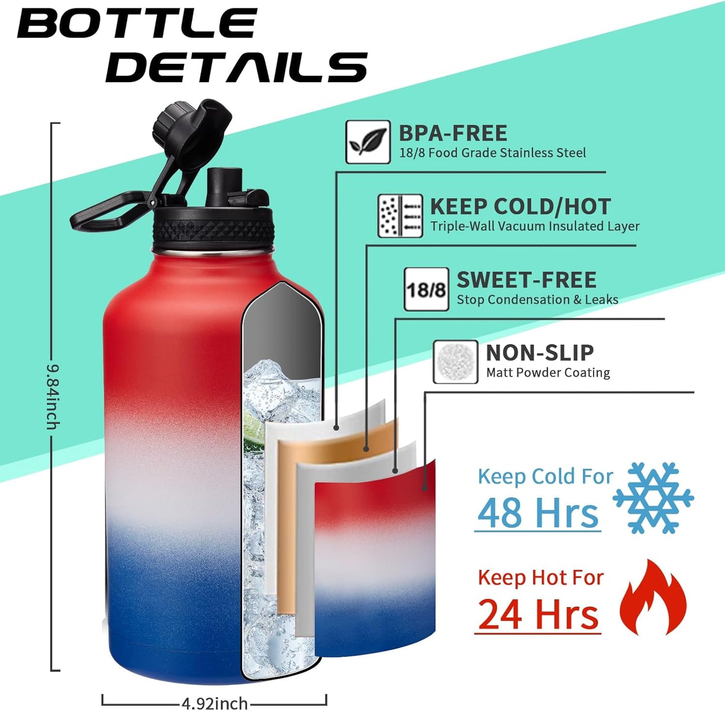 Half-Gallon Vacuum Water-Bottle with Sleeve, Paracord Handle, Straw & Spout Lid, 64oz Stainless Steel Insulated Water Jug, Cold-48h & Hot-24h Triple-Wall Metal Vacuum Flasks for Sports Hiking Camping