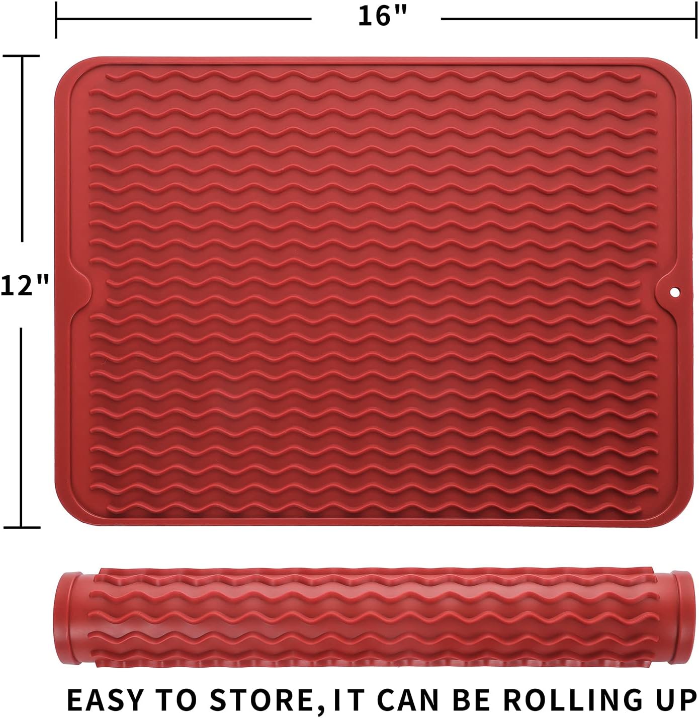 Silicone Dish Drying Mat for Multiple Usage,Easy clean,Eco-friendly,Heat-resistant Silicone Mat for Kitchen Counter or Sink,Refrigerator or drawer liner Red L 16 inches x 12 inches