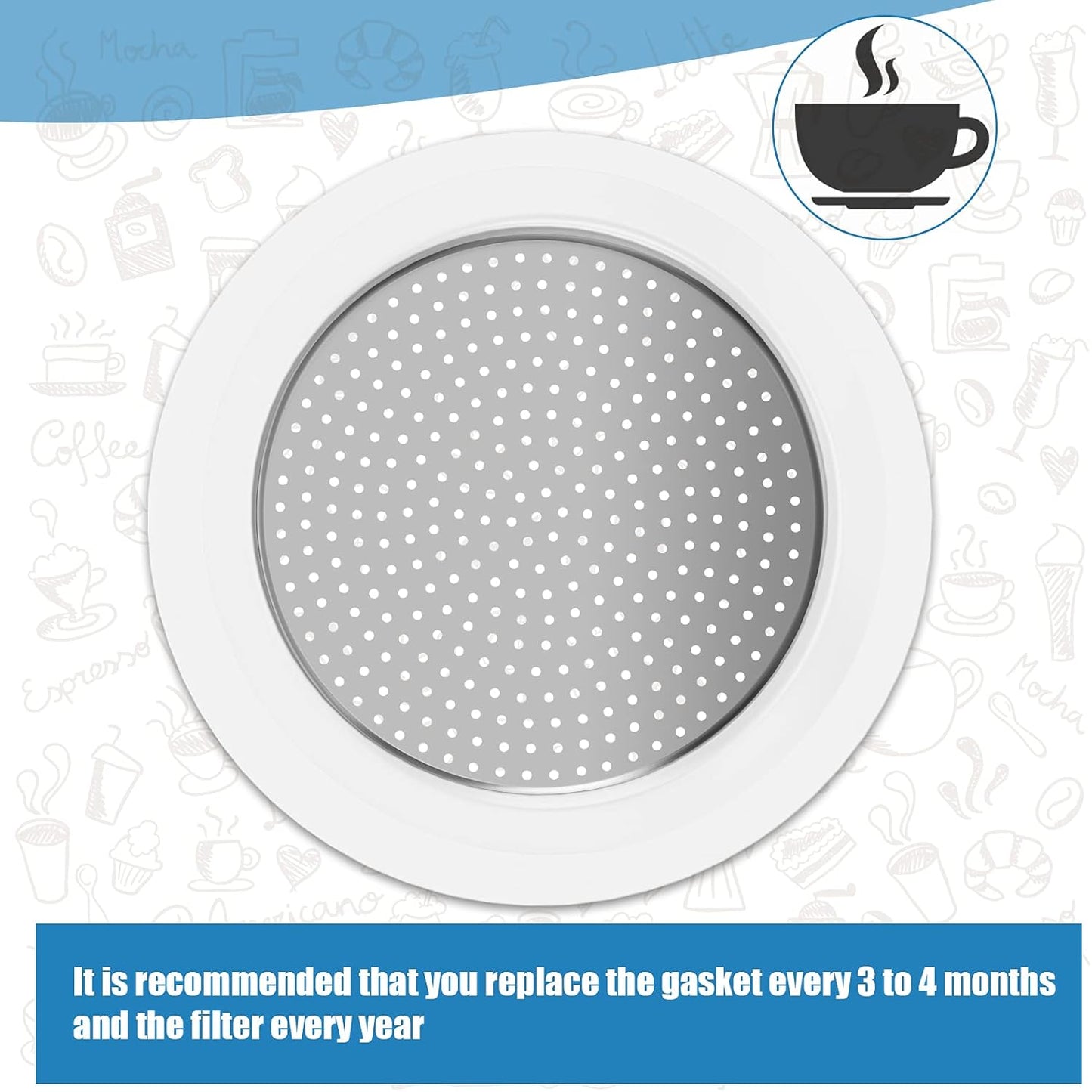 6 Pieces Moka Pot Replacement Cup Gasket with 2 Pcs Stainless Filter Silicone Moka Express Replacement Seals Funnel Kits Compatible Espresso Coffee Maker Parts(1-cup)