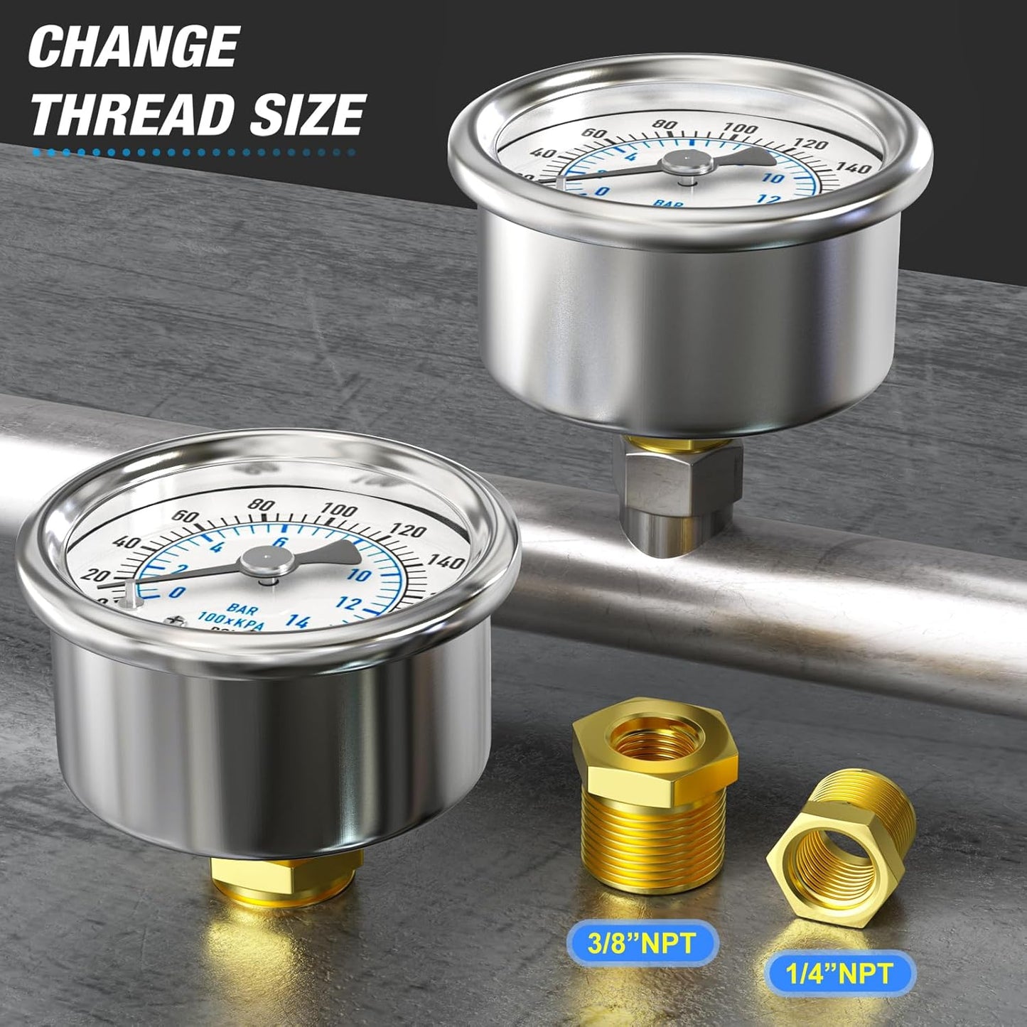 MEANLIN MEASURE 0~200Psi Dry Pressure Gauge Stainless Steel 1/8" NPT 2" FACE DIAL Waterproof for Air Compressor Air Regulator Water Filter Center Back Mount, with 1/4" NPT and 3/8" NPT Hex Bushing