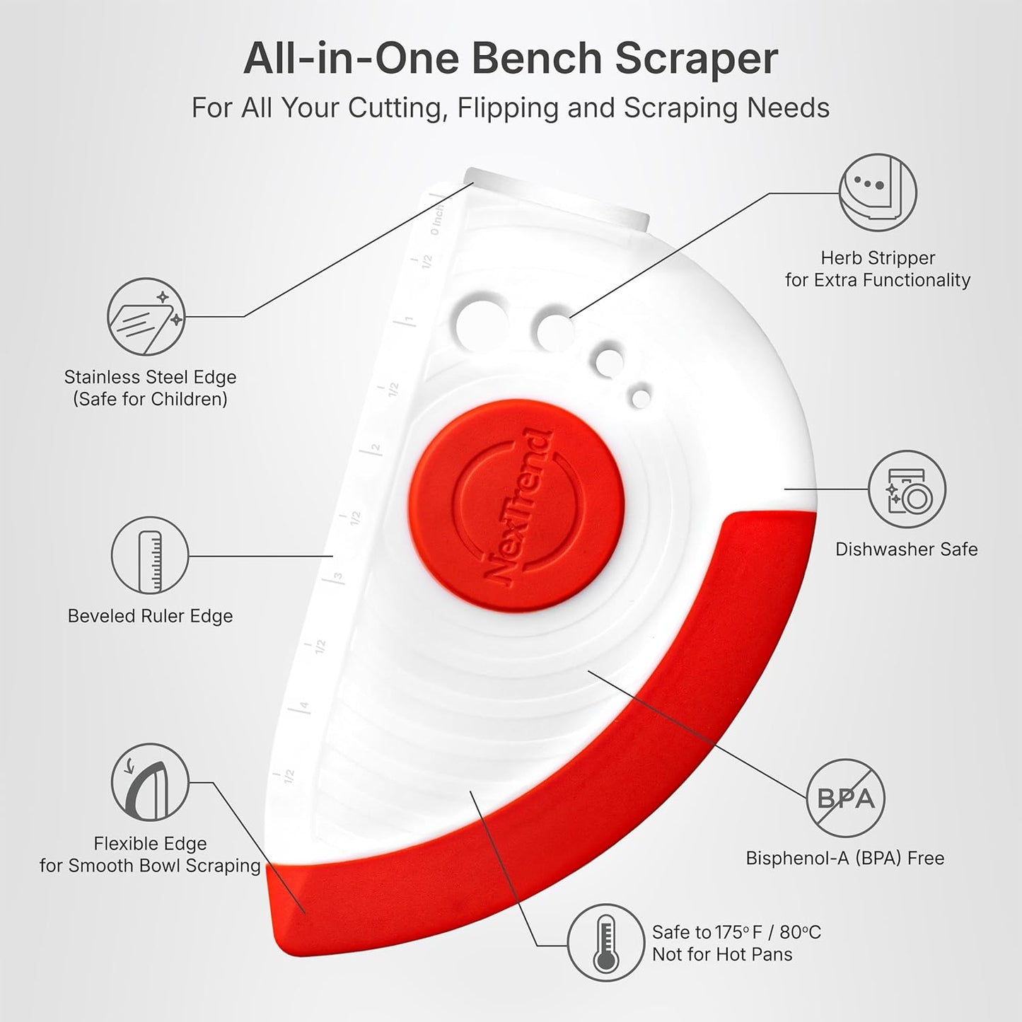 Nextrend BakerScraper – 5-in-1 Flexible Bowl Scraper, Bench Scraper and Dough Scraper with Stainless Steel Edge, Ruler & Herb Stripper – BPA Free, Dishwasher Safe - Red