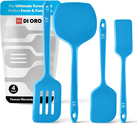 New DI ORO Silicone Turner Spatula Set - Kitchen Spatulas for Nonstick Cookware - Cooking Utensils for Flipping Eggs & Pancakes - 600°F Heat-Resistant BPA Free Turners - Dishwasher Safe (4pc, Blue)