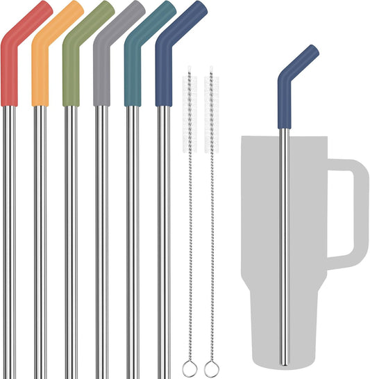 Tomorotec 6PCS Stainless Steel Straws with Silicone Tips Fit for Stanley 40oz Tumbler, 13-Inch Reusable Straw Set with Colorful Extenders & 2 Brushes, Compatible with Wide Mouth Cups (Dark Morandi)
