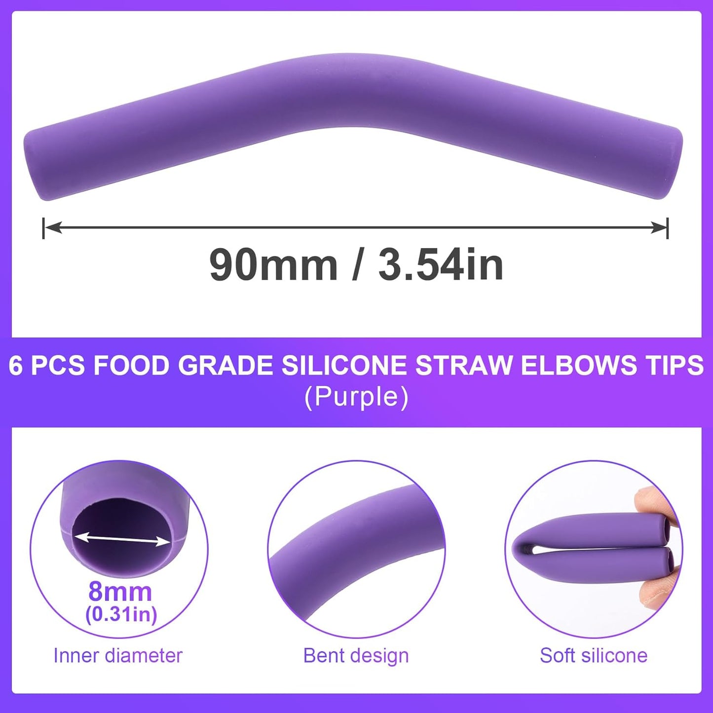 6Pcs Metal Straw Silicone Tips 5/16 inch Wide(8mm Outer Diameter) Food Grade Rubber Straw Covers Purple Flex Elbow Replacement Tip for Stainless Steel Metal Straws