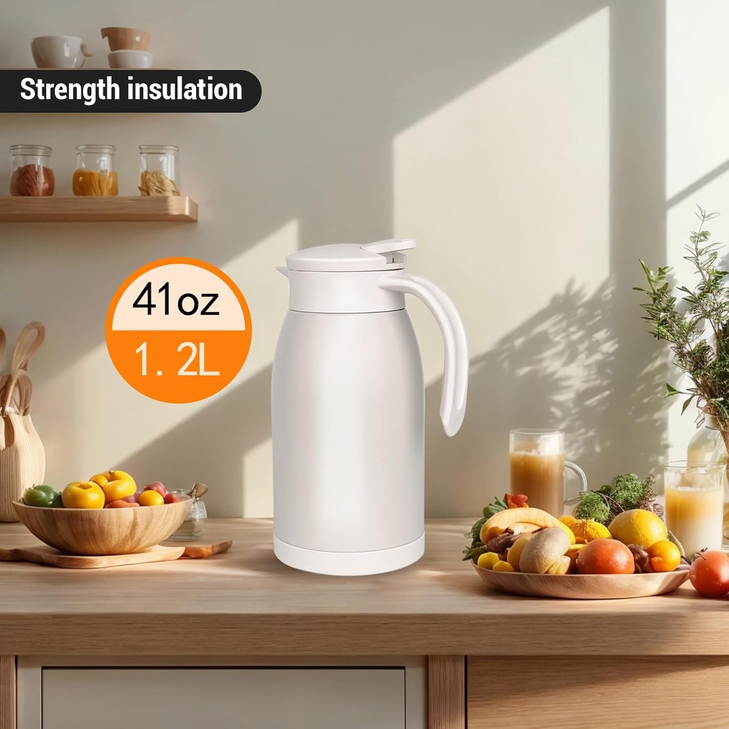 41 Oz Thermal Coffee Carafe Stainless Steel Insulated Thermos Double Wall Vacuum Flask Leak-Proof Thermos for Travel Office School Party Camping Use-Milk rice white