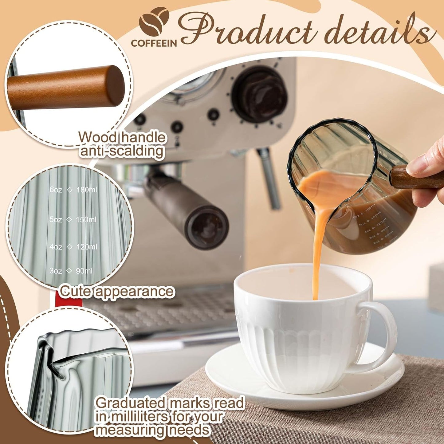 Espresso Shot Glass with Handle, 6 Oz/180 ml Espresso Cups with Single V-shaped Mouth, Measuring Cup for Milk Tea Coffee Bar Accessories(Gray,2 Pcs)