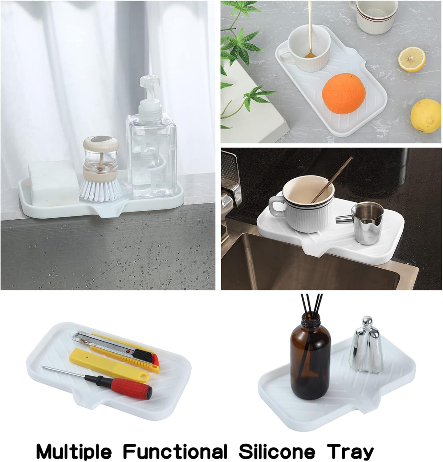 Silicone Bathroom Soap Dishes with Drain Spout-Bathroom and Kitchen Sink Organizer,Sponge Holder,Dish Soap Tray,Perfect for Dispenser,Scrubber,Bottle,Cup on Sink or Counter-White 9.6"×5.3"