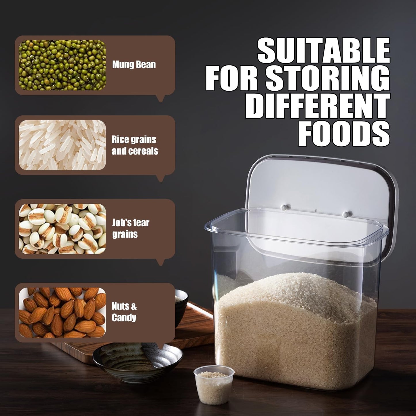 Rice Container - 25 Lbs/12KG/12L Rice Dispenser Storage with Measuring Cup Food Cereal Container Bins Pet Food Container Household for Kitchen Pantry Organization