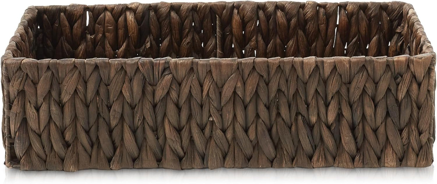 Casafield Set of 2 Bathroom Storage Baskets, Espresso - Water Hyacinth, 16" W x 6.75" D x 4.25" H, Woven Toilet Tank Topper Bins for Organizing Tissues, Toilet Paper, Toiletries, Shelves