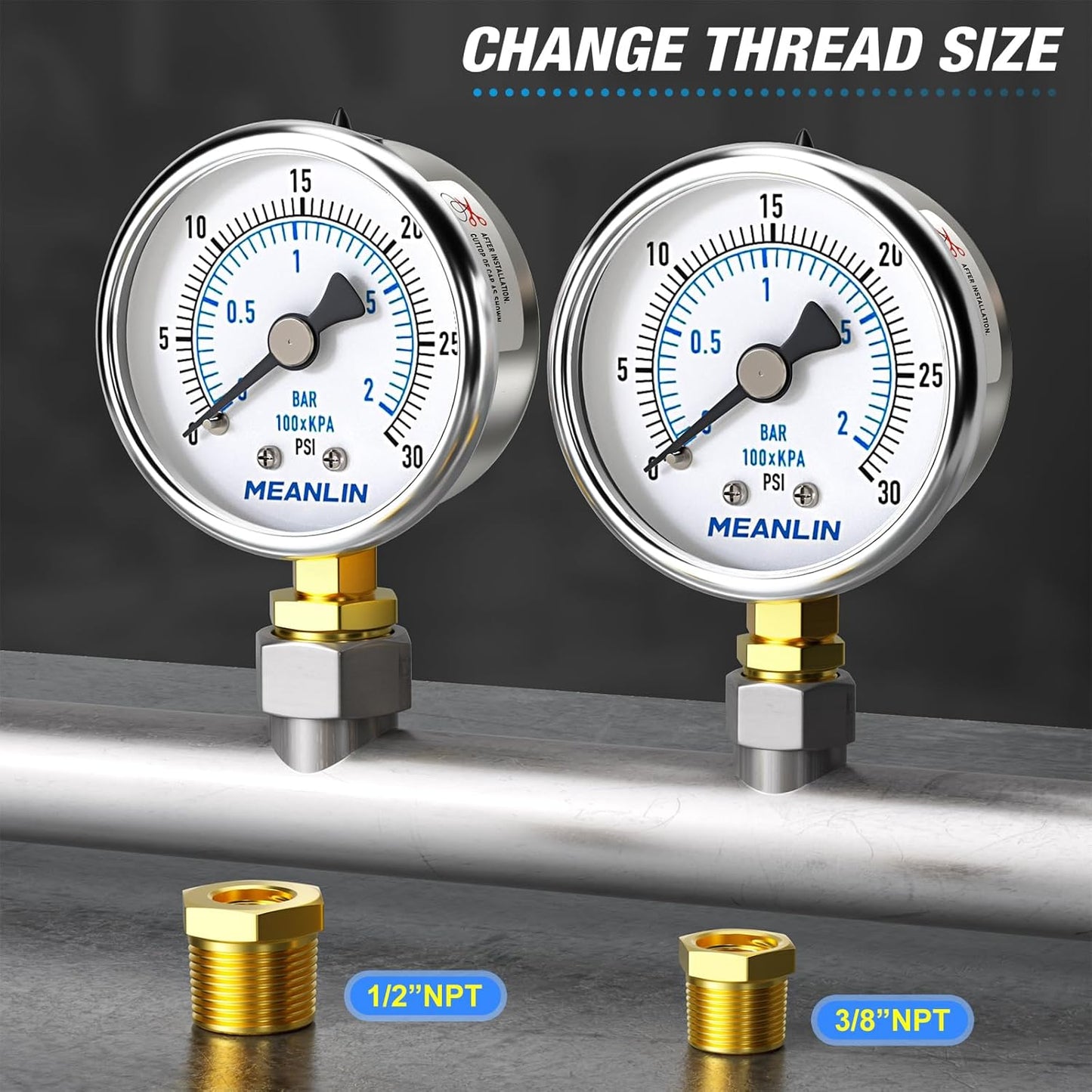 MEANLIN MEASURE 0~30Psi Dry Low Pressure Gauge Stainless Steel 1/4" NPT 2" FACE DIAL Waterproof for Pool Sand Filter Water Oil Air Pressure Test Lower Mount, with 1/2" NPT and 3/8" NPT Hex Bushing