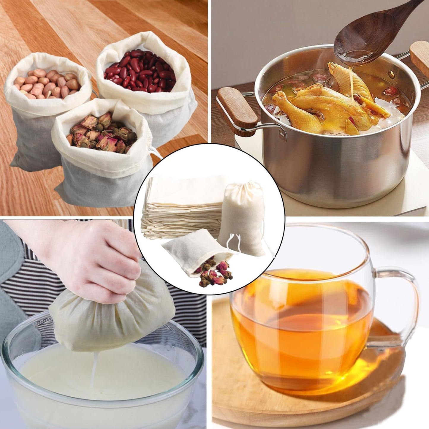 Eketirry Spice Bags, 10pcs Reusable Empty Tea Bags, Muslin Strainer Bags, Soup Bags for Cooking, Natural Cotton Fine Mesh Cheesecloth Bags for Cold Brew Coffee(4 x6Inch)