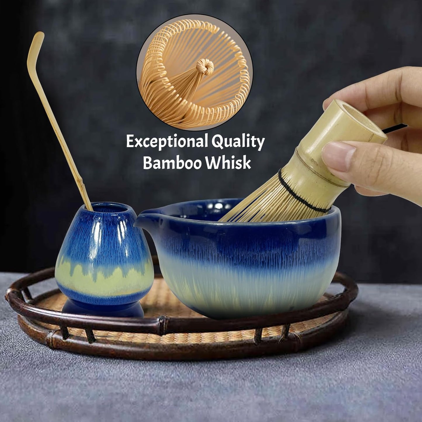 Matcha Whisk Set,6Pcs Matcha Kit Includes Matcha Whisk and Holder,Matcha Bowl with Spout,Matcha Sifter and 2Pcs Matcha Spoon,Suitable as a gift for those who like matcha (Gradient Blue)