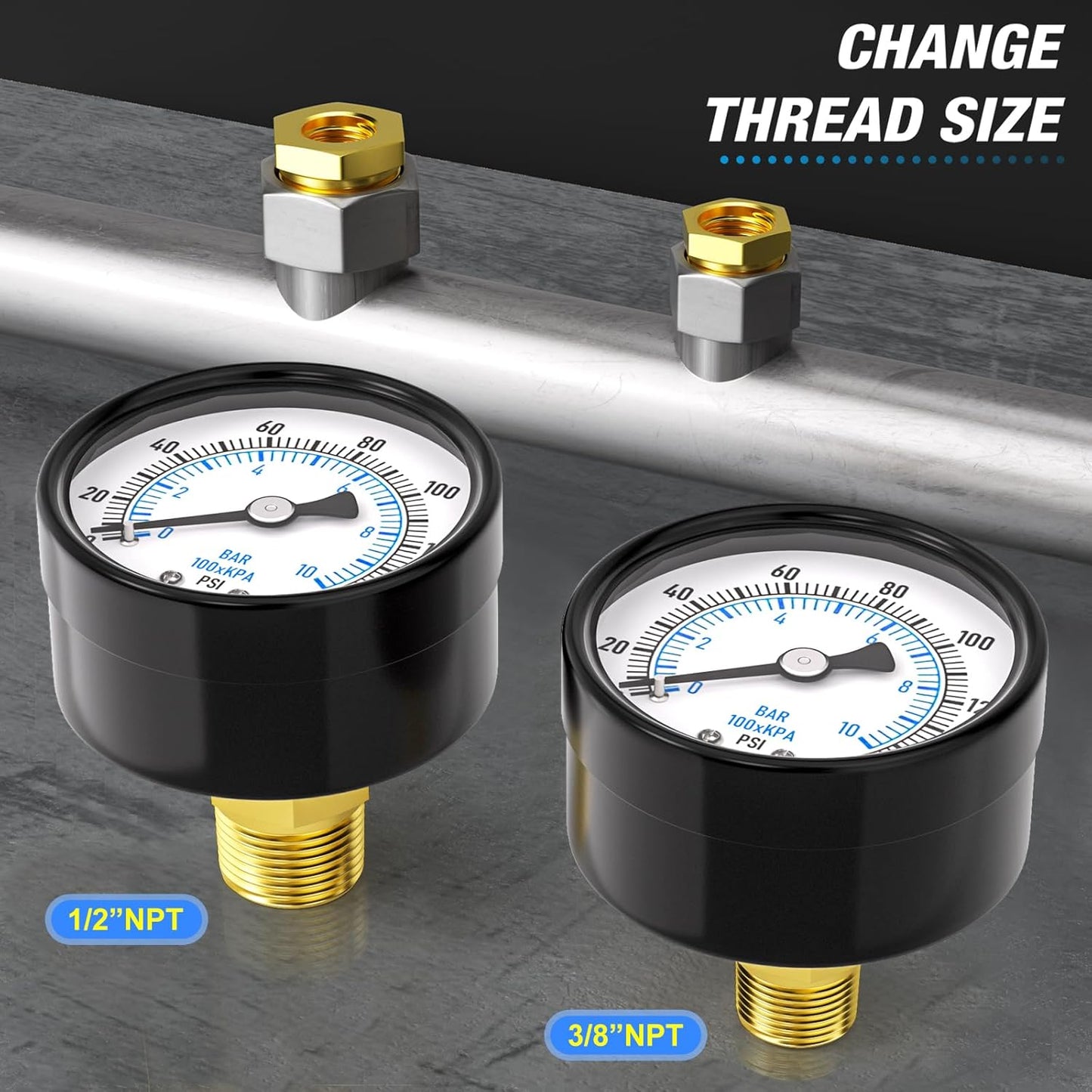 MEANLIN MEASURE 0-150Psi 2" DIAL FACE 1/4" NPT Well Pump Pressure Gauge, with 1/2" NPT and 3/8" NPT Hex Bushing, 3-2-3% Accuracy, Center Back Mount