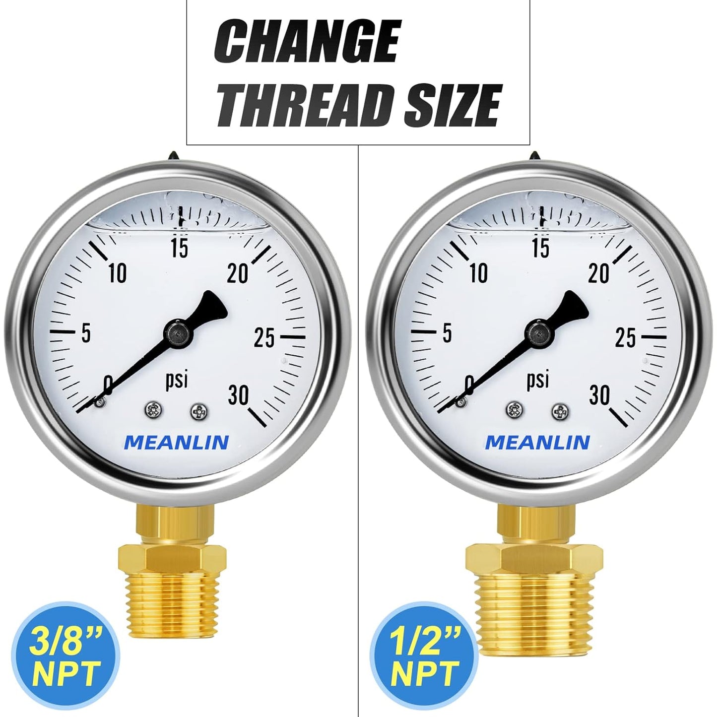MEANLIN MEASURE 0~30Psi Stainless Steel 1/4" NPT 2.5" Single Scale FACE DIAL,Glycerin Filled Pressure Gauge, WOG Water Oil Air Lower Mount, with 1/4" x 1/2" NPT and 1/4" x 3/8" NPT Hex Bushing