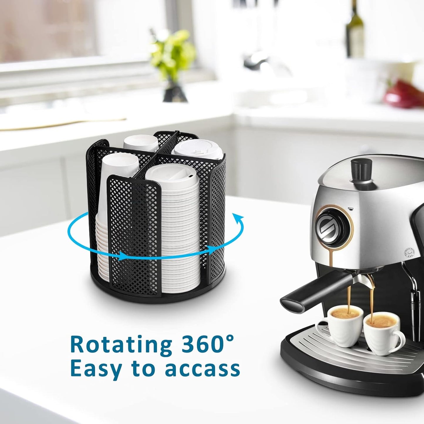 Cup and Lid Organizer Cup Dispenser Coffee Cup Organizer Paper Cup Holder Rotating for Bathroom, Restaurant, Break Room, Coffee Station, Bar, Buffet, Kitchen Cabinet, Countertop,4 Compartment