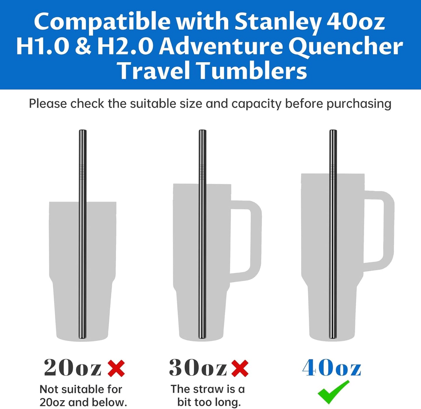 Tomorotec 40oz Straws, 14PCS Stainless Steel Replacement Straws for Stanley 40oz Adventure Quencher Travel Tumblers with Cleaning Brushes 2PCS, Food-Grade, Dishwasher Safe for Smoothies (Black)