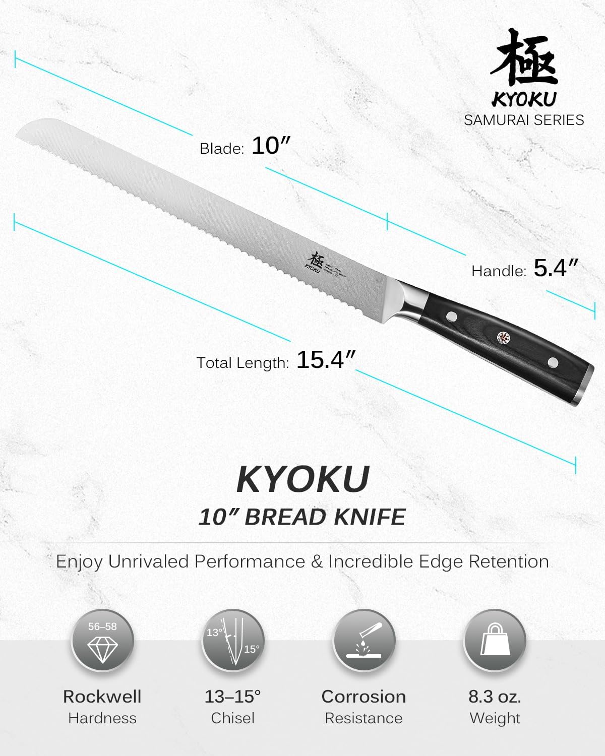 KYOKU 10" Serrated Bread Knife, Samurai Series Serrated Knife for Homemade Bread Pastries with Pakkawood Handle, Japanese High Carbon Steel Cake Knife, Full Tang Bread Cutting Knife with Sheath & Case