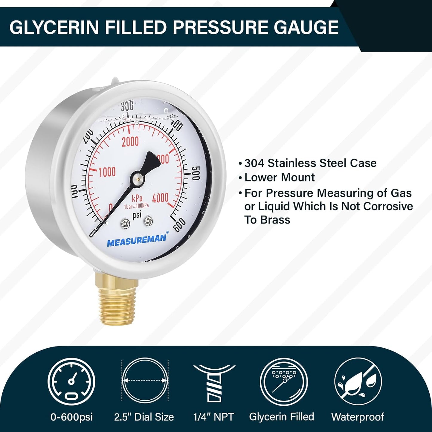 MEASUREMAN 2-1/2inch Dial Size, Oil Filled Pressure Gauge, 0-600psi/4000kpa, 304 Stainless Steel Case, 1/4inchNPT Lower Mount